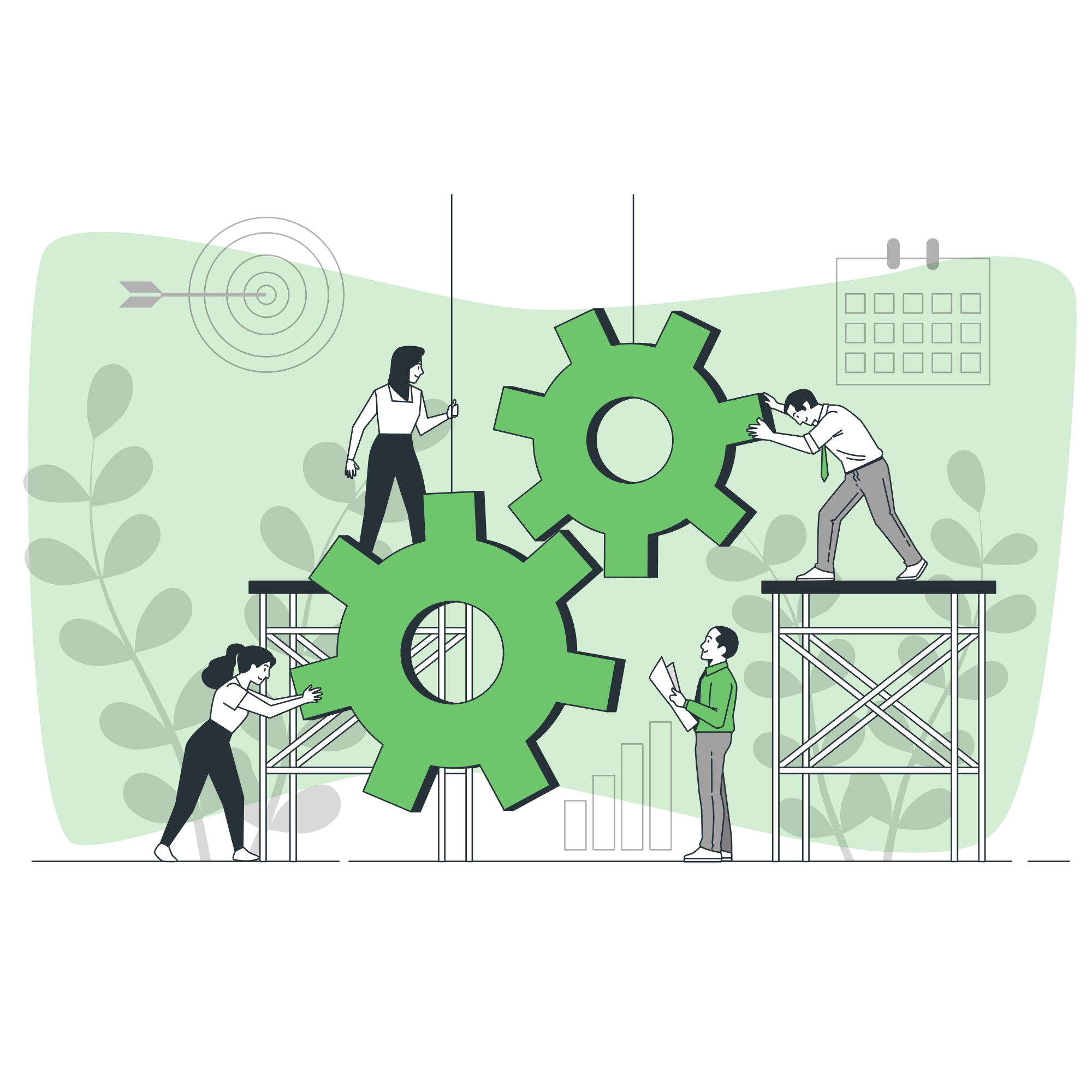 Lavoro di Squadra Due uomini e due donne lavorano insieme per far funzionare due grandi ingranaggi. Due di loro sono su una piattaforma sopraelevata. Sullo sfondo ci sono un bersaglio con una freccia, un calendario e un isogramma.