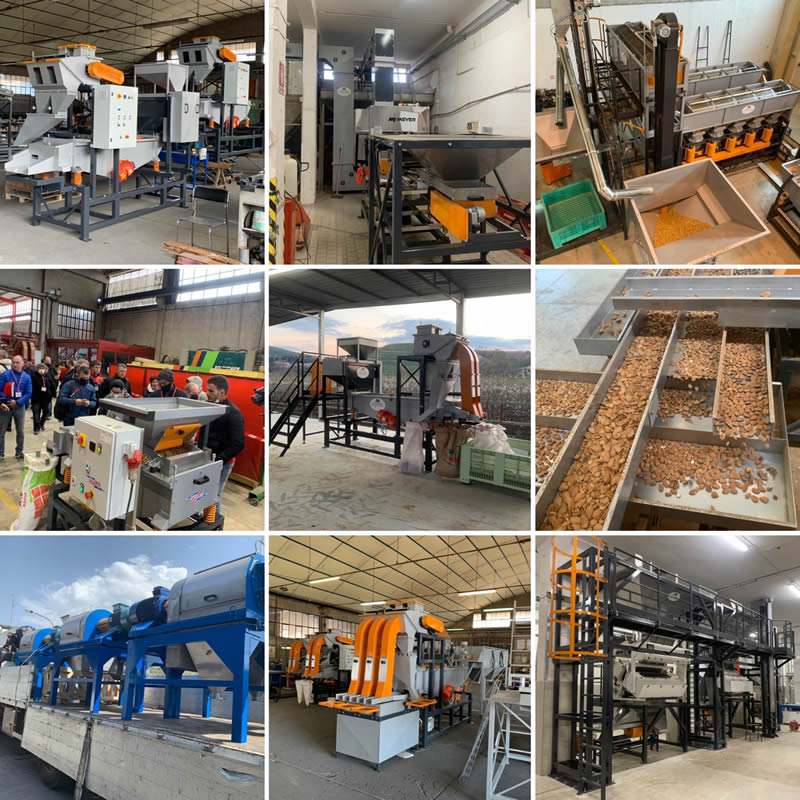 Collage macchinari Collage di 9 foto raffiguranti diversi macchinari per la lavorazione delle mandorle